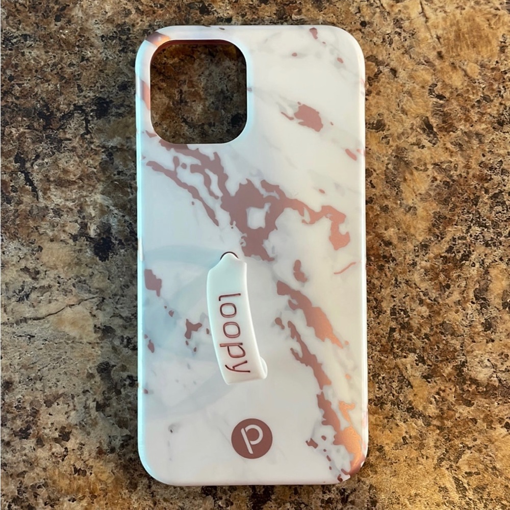 Rose gold marble loopy iPhone 12 case. Righty